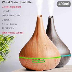 400ml USB électrique Aroma Air Diffuseur Grain de bois Ultrasons Xiaomi Humidificateur Cool Mist Maker avec 7 couleurs lumières pour la maison 210724