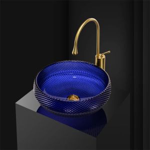 Buzo de baño de 40 cm Glasia de baño templado Baño Washbasin Transparente Royal Blue Countop Art Wash Basin Luxury Buque redondo Fregadero