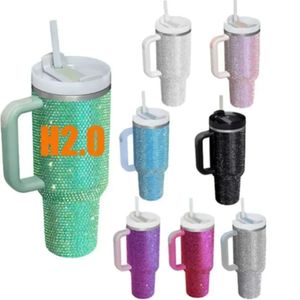 40Oz Adventure Quencher Nuevas botellas de agua al vacío de diamante H2.0 Plus Tazas de viaje Vasos con mango Brillo y pajita personalizados