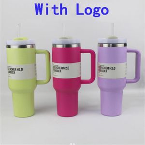 wholesale Vasos H2.0 de 40 oz Taza con asa Tapas de vaso de acero inoxidable con aislamiento Tazas de viaje para automóvil de paja Vaso de café Termos Tazas de 40 oz listas para enviar Botellas de agua