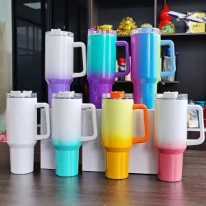 Tazas de pintura de arco iris de 40 oz Vasos con asa Botellas de agua termo aisladas con tapa Tazas de café de acero inoxidable con brillo degradado de paja JN16