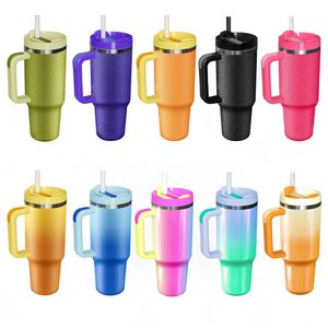 Gobelets de tasse de couleur de grande capacité en acier inoxydable de 40 oz avec poignée UV et gobelets de voyage isolés sous vide avec paille