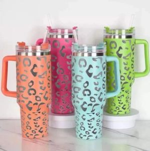 Vaso de acero inoxidable de 40 oz con asa Tapa Paja Taza de cerveza de gran capacidad Botella de agua de leopardo Acampar al aire libre Copa Traval Vasos para beber con aislamiento al vacío