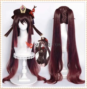 43inches 110cm Long Brown Cosplay Hu Tao Wig with Ponytails Genshin Impact Hutao Heat Resistant Synthetic Hair + Wig Cap Y0903