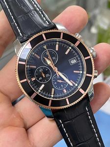 Reloj de pulsera masculino de 46 mm Reloj cronógrafo de cuarzo para hombre Correa de cuero negra y azul Bisel de cerámica de oro rosa resistente al agua