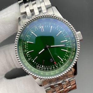 46MM Navitimer Reloj con esfera verde Movimiento mecánico automático Esfera plateada 50 ANIVERSARIO Reloj para hombre Correa de acero inoxidable marrón Relojes de pulsera para hombre