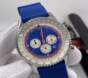 46 mm Quartz Chronograph Navitimer Date Mens HETTES LUMINONS RED Hands Watch High Grade Rubber Band Blue Dial Wrists3661477