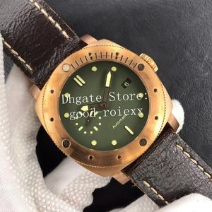 Montres 47 mm Montre en bronze pour homme Cadran vert Mouvement automatique Cal.P.9000 382 Cuir Officine VS Pam VSF Calendrier saphir 3 jours Montres-bracelets Firenze