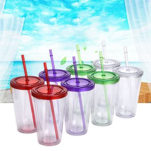480 ml Vasos de agua de paja de plástico transparente Doble cubierta Espesar Bebidas Taza Leche Café Boca ancha Taza Patrón personalizable BH4882 WLY