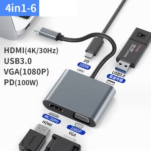 Hub 4 en 1 compatible 4K Type C vers HDMI, Station d'accueil USB C 3.0, adaptateur VGA PD pour ordinateur portable, TV, câble PC