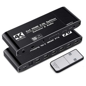4K60Hz 2x4 Compatible con HDMI 2.0B Switch Splitter Switcher SPDIF Audio 3.5mm Scaler 2 In 4 Out con soporte remoto 4K 3D HDCP2.2