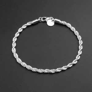 Bracelet chaîne en corde torsadée de 4MM, plaqué argent Sterling 925, bracelets à breloques pour perles, joli cadeau de bijoux de Promotion, prix de gros