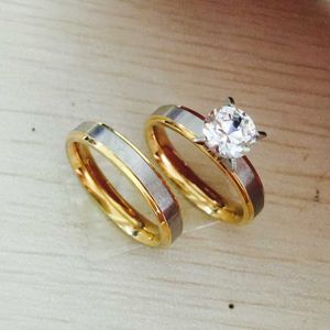 4mm titane acier CZ diamant coréen Couple bagues ensemble pour hommes femmes amoureux de fiançailles, sa promesse et la sienne, 2 tons or argent
