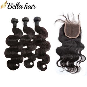 Bellahair 8 30 trame de cheveux pleine tête avec fermetures en dentelle supérieure 4x4 vague de corps malaisienne fermeture de cheveux virign humains avec des faisceaux de cheveux 3pcs1pc