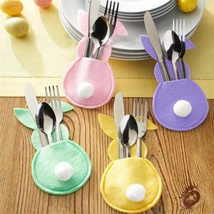 4Pcs Easter Bunny Felt Cutlery Holder Bag Happy Easter Decorations Rabbit Shaped Tableware Accessories