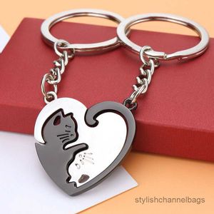 4 pièces porte-clés mignon chat noir porte-clés coeur rond Couple amoureux porte-clés en acier inoxydable sac à dos porte-clés bijoux suspendus
