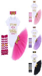 4pcs mon premier anniversaire tenue bébé filles vêtements 1ère lettre bodytulle jupes paillettes arc bandeau jambe chaude un an tenues 4293243