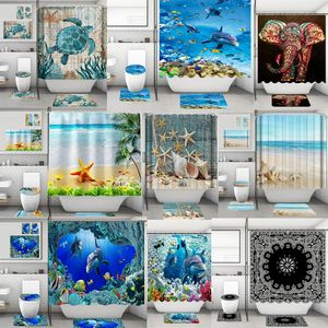 4 pièces/ensemble salle de bain rideau de douche tapis de toilette océan plage étoile de mer coquille dauphin tortue de mer imprimé imperméable tapis de bain rideaux avec tapis antidérapants