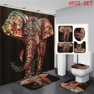 4 pièces/ensemble salle de bain rideau de douche tapis de toilette aquarelle éléphant imprimé salle de bain tapis de bain rideaux écran avec tapis antidérapant