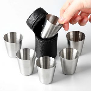 4pcs/Set Stainless Steel Shot Glass Espresso Cups Barware Drinking Vessel with Black Leather Carrying Case For Whisky Wine In Home Outdoor