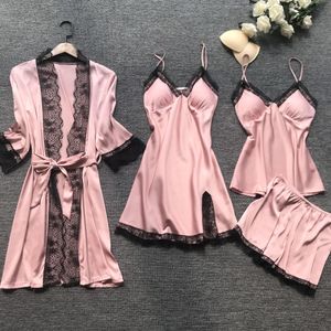 4 unids seda satén pijamas mujeres encaje ropa de dormir conjunto más tamaño sexy ropa de dormir caliente pjs loungewear homewear traje de noche ropa para el hogar T200707