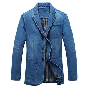 4XL Mens Denim Blazer Hommes Mode Coton Vintage Costume Survêtement Mâle Bleu Manteau Denim Veste Hommes Slim Fit Jeans Denim Blazers Top 211013