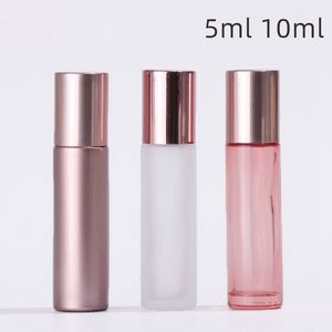 5 10ML Mini Roll On Roller Bottle Fragancia Botellas de vidrio Oro rosa Botella de aceite esencial Acero Metal Roller Ball Perfume Contenedor BC BH4198