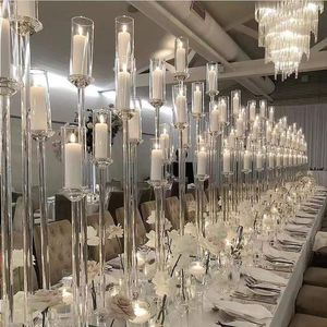 5 brazos de pie cristalino transparente de pilar acrílico soportes de candelabros de la vela para el piso para la fiesta de los centros de bodas de la boda del marsaje