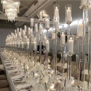 5 brazos de pie cristalino transparente de pilar acrílico soportes de candelabros de la vela para el piso para el piso para el marsiage centros de bodas de la boda Ocean Express