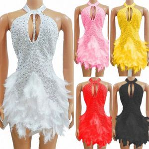 5 couleurs Rhinestes plume Dr femmes perles soirée soirée Dres chanteur célébrer tenue scène Gogo danse Costume XS7386 s5Qs #