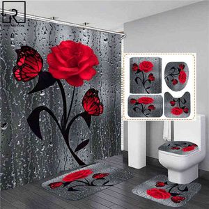 5 couleurs Rose Imprimer 3D Rideau de douche imperméable polyester salle de bain rideau anti-dérapant tapis de bain ensemble tapis de toilette tapis décor à la maison 211115