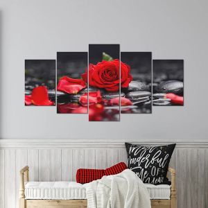 Toile murale avec fleurs de roses noires et rouges, 5 panneaux, Art moderne en pierre florale, décoration de maison pour salon chambre à coucher, sans cadre