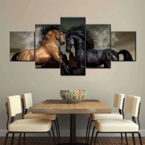 5 panneaux affrontant des chevaux sauvages, Art mural, chevaux de course, toile, peinture de chevaux sur la plage, affiches pour décoration murale de salon, sans cadre