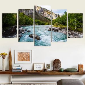 5 Panneau Spring River Hd Pictures toile peinture verte montagne Waterfall Waterfall Landscape Affiches et imprimés pour décor de salon