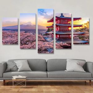 5 paneles de estilo japonés, pintura en lienzo Fuji, cuadros de pared, carteles de paisaje de flores de cerezo para decoración de sala de estar