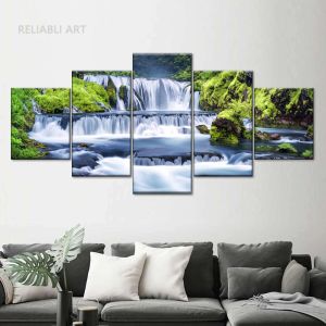 5 paneles de pintura en lienzo de bosque verde y cascada, Cuadros de paisaje, carteles de naturaleza e impresiones para decoración de sala de estar, Cuadros