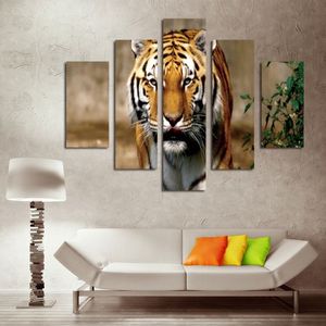Juego de arte en lienzo de 5 piezas, pintura de tigre feroz, impresiones en lienzo modernas, pintura Yekkow HD, imagen de pared de animales para decoración del hogar del dormitorio 319a