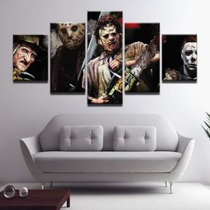 Peinture sur toile avec scies d'horreur, 5 pièces, personnages de film, affiches imprimées HD, art mural, décor de salle, sans cadre 261q