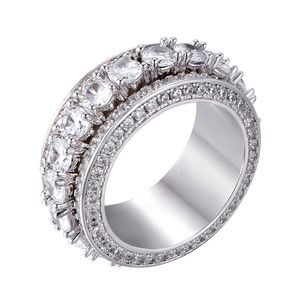 Tamaño 7-12 5Row Hombres Giratorio Girar Iced Out Anillo Oro Plata Color Cubic Zircon HipHop Joyería