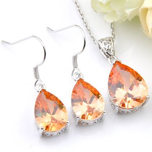 Luckyshine 925 argent colliers et boucles d'oreilles ensembles de bijoux en forme de poire Morganite Solitaire pendentif femmes Zircon boucles d'oreilles ensembles cadeaux