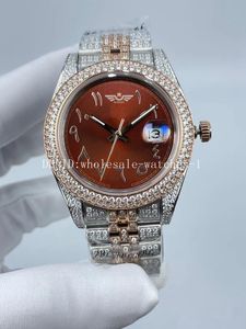 5 étoiles Super 6 Style Montre à diamants complète President Datejust 41 mm 126334 Cadran à écriture arabe rouge Automatique Deux tons Or jaune Montres à diamants Montres-bracelets pour hommes