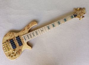 5-saitige E-Bassgitarre mit Wurzelahornfurnier, Ahorngriffbrett, Abalone-Einlage, goldenen Beschlägen, natürlicher Holzfarbe