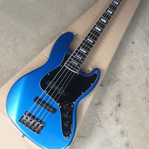 5 Strings Metal Blue Electric Bass Guitar with Active Circuit Black Pickguard Rosewood Freboard Customizable