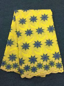 5 yardas/pc, superventas, tela de algodón africano amarillo con bordado de encaje de gasa suizo de flores azules para ropa BC14-6