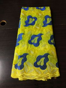 5 Yds/pc Hermosa tela de algodón africano amarillo y encaje de gasa suizo con diseño de flor azul para ropa BC149-4