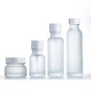 50 110 150 ML botella de vidrio esmerilado Tarro de crema con tapa de bomba blanca para suero/loción/emulsión/base embalaje cosmético Boqou