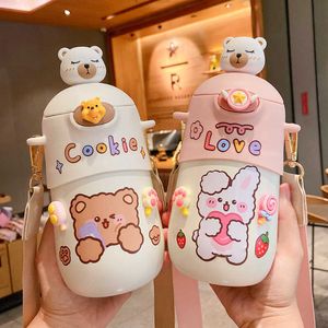 500 ML Kawaii Ours Thermos Bouteille Mignon Enfants Paille Bouteille D'eau Isolé En Acier Inoxydable Étudiant Filles Thermique Boisson Bouteilles 211013