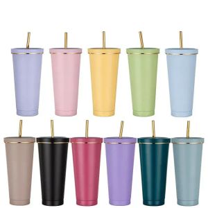 Vasos de acero inoxidable de 500 ml y 750 ml con tapa de paja, doble pared, taza para sorber con aislamiento al vacío y borde dorado, tazas de café de color macarrón, botella de agua portátil FY5929 119