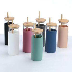 Taza de vidrio con funda de silicona creativa de 500 ml con tapa de bambú, botella de bebida portátil con pajita, taza de agua, vaso bonito, vasos, logotipo personalizable, regalo de graduación