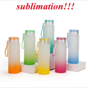 Botella de agua de sublimación de 500 ml, botellas de agua de vidrio esmerilado, taza de agua de transferencia de calor libre de BPA portátil creativa, Color degradado